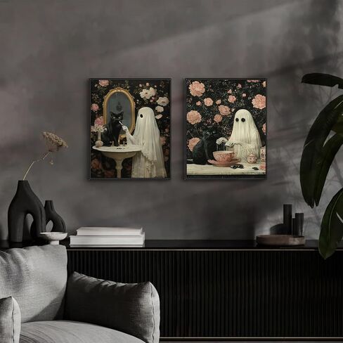 TWNSLLA 4pcs Halloween Ghost Pictures Wall Decor,Vintage Halloween Wall Art Black Cat and Cute Ghosts in Bathroom Wall Decor,Retro Spooky Dark Academia Art Prints for Home Bedroom Decoration,Unframed in Kuwait