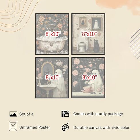 TWNSLLA 4pcs Halloween Ghost Pictures Wall Decor,Vintage Halloween Wall Art Black Cat and Cute Ghosts in Bathroom Wall Decor,Retro Spooky Dark Academia Art Prints for Home Bedroom Decoration,Unframed in Kuwait