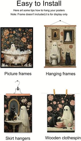 TWNSLLA 4pcs Halloween Ghost Pictures Wall Decor,Vintage Halloween Wall Art Black Cat and Cute Ghosts in Bathroom Wall Decor,Retro Spooky Dark Academia Art Prints for Home Bedroom Decoration,Unframed in Kuwait