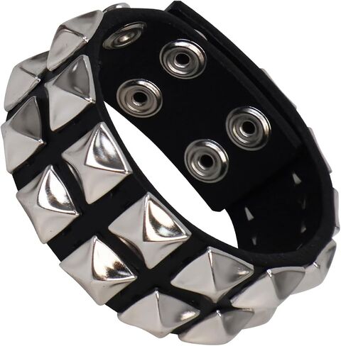 Genuine Leather Bracelet Cuff with Spikes studded Rivets - Adjustable Metal Wristband for Men Women, 80s Goth Rock Accessories in Kuwait