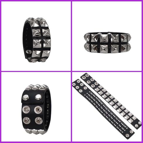 Genuine Leather Bracelet Cuff with Spikes studded Rivets - Adjustable Metal Wristband for Men Women, 80s Goth Rock Accessories in Kuwait
