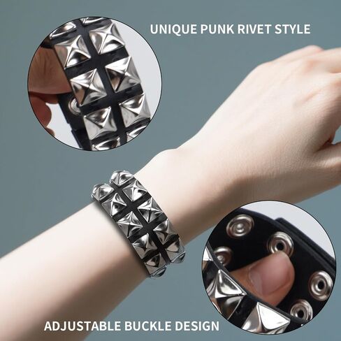 Genuine Leather Bracelet Cuff with Spikes studded Rivets - Adjustable Metal Wristband for Men Women, 80s Goth Rock Accessories in Kuwait