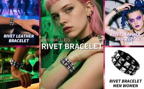 Genuine Leather Bracelet Cuff with Spikes studded Rivets - Adjustable Metal Wristband for Men Women, 80s Goth Rock Accessories in Kuwait