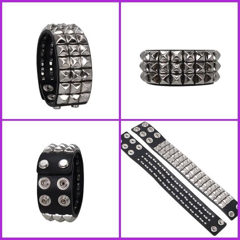 Genuine Leather Bracelet Cuff with Spikes studded Rivets - Adjustable Metal Wristband for Men Women, 80s Goth Rock Accessories in Kuwait