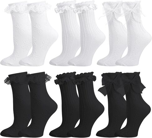 Jspupifip 6 Pairs Lace Ruffle Crew Socks for Women, Cotton Cute Princess Ankle Dress Lace Socks for Women Girls in Saudi Arabia