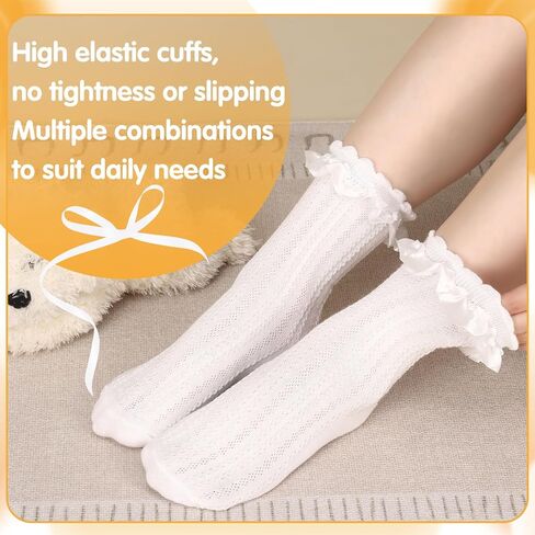Jspupifip 6 Pairs Lace Ruffle Crew Socks for Women, Cotton Cute Princess Ankle Dress Lace Socks for Women Girls in Saudi Arabia