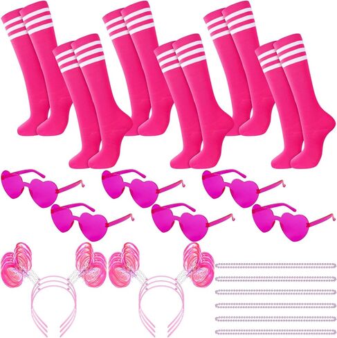 30 Pcs Pink football Game Outfit Breast Cancer Awareness Accessories Set Spirit Week Pink Ribbon Knee High Socks Rimless Glasses Ponytail Headband Necklace for Women Parade Walk Event in Saudi Arabia