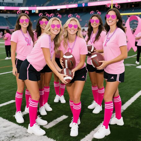 30 Pcs Pink football Game Outfit Breast Cancer Awareness Accessories Set Spirit Week Pink Ribbon Knee High Socks Rimless Glasses Ponytail Headband Necklace for Women Parade Walk Event in Saudi Arabia