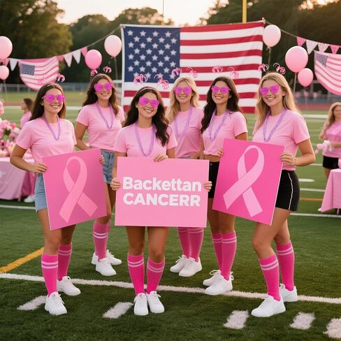 30 Pcs Pink football Game Outfit Breast Cancer Awareness Accessories Set Spirit Week Pink Ribbon Knee High Socks Rimless Glasses Ponytail Headband Necklace for Women Parade Walk Event in Saudi Arabia