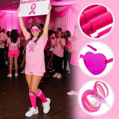30 Pcs Pink football Game Outfit Breast Cancer Awareness Accessories Set Spirit Week Pink Ribbon Knee High Socks Rimless Glasses Ponytail Headband Necklace for Women Parade Walk Event in Saudi Arabia