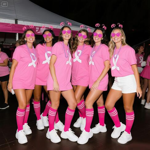 30 Pcs Pink football Game Outfit Breast Cancer Awareness Accessories Set Spirit Week Pink Ribbon Knee High Socks Rimless Glasses Ponytail Headband Necklace for Women Parade Walk Event in Saudi Arabia