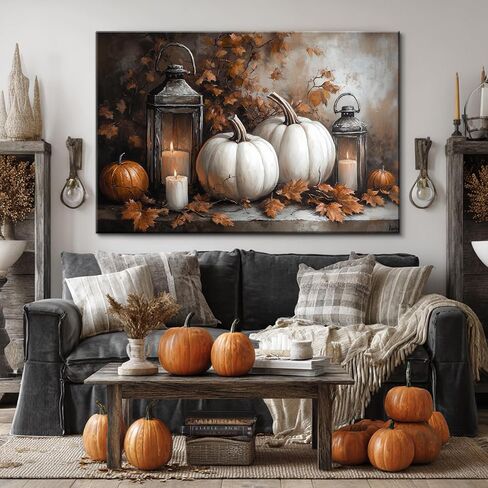 BANHUA1 Vintage Halloween Canvas Wall Art, Autumn Pumpkin Fall Leaf Pictures Print Wall Decor for Home, Living Room, 36 x 24 Inch in Saudi Arabia