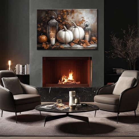 BANHUA1 Vintage Halloween Canvas Wall Art, Autumn Pumpkin Fall Leaf Pictures Print Wall Decor for Home, Living Room, 36 x 24 Inch in Saudi Arabia