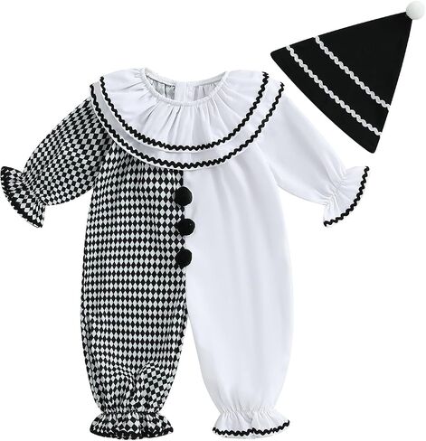 Murnouche Halloween Toddler Baby Clown Costume Funny Contrast Color Jumpsuit with Hat Outfit in Kuwait
