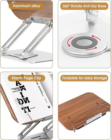 Book Stand, Book Stand for Reading Hands Free, Adjustable Desk Book Holder with 360 Degree Rotating Base & Page Clips, Cookbook Documents Holder for Textbook,Cookbook, Sheet Music,Laptop,Recipe in Saudi Arabia