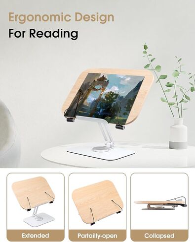 Book Stand, Book Stand for Reading Hands Free, Adjustable Desk Book Holder with 360 Degree Rotating Base & Page Clips, Cookbook Documents Holder for Textbook,Cookbook, Sheet Music,Laptop,Recipe in Kuwait