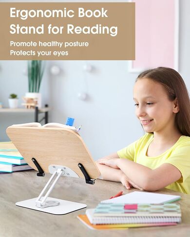 Book Stand, Book Stand for Reading Hands Free, Adjustable Desk Book Holder with 360 Degree Rotating Base & Page Clips, Cookbook Documents Holder for Textbook,Cookbook, Sheet Music,Laptop,Recipe in Kuwait
