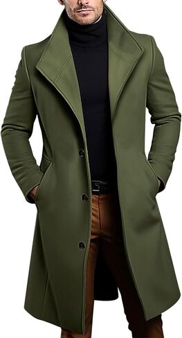 Mens Wool Blend Trench Coat Mid Long Single Breasted Lapel Pea Coats Winter Business Casual Overcoats with Pockets in Saudi Arabia
