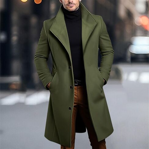 Mens Wool Blend Trench Coat Mid Long Single Breasted Lapel Pea Coats Winter Business Casual Overcoats with Pockets in Saudi Arabia
