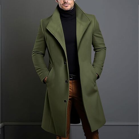 Mens Wool Blend Trench Coat Mid Long Single Breasted Lapel Pea Coats Winter Business Casual Overcoats with Pockets in Saudi Arabia