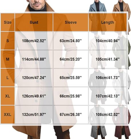 Mens Wool Blend Trench Coat Mid Long Single Breasted Lapel Pea Coats Winter Business Casual Overcoats with Pockets in Saudi Arabia