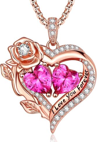 Forever Love Gifts Double Birthstone Heart Necklaces for Women，Rose Gold Fine Jewelry, Pendant Heart Necklaces Birthday Anniversary Christmas Gift for Women Wife Mom Girlfriend Lady in Saudi Arabia
