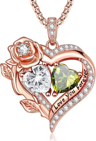 Forever Love Gifts Double Birthstone Heart Necklaces for Women，Rose Gold Fine Jewelry, Pendant Heart Necklaces Birthday Anniversary Christmas Gift for Women Wife Mom Girlfriend Lady in Saudi Arabia