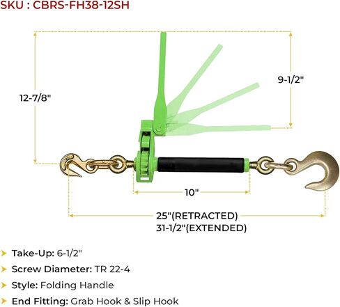 Mytee Products 4 Pack 3/8"-1/2" Hi-Viz Green Heavy Duty Folding Handle Ratchet Chain Binder w/ 1/2" Grab & 5/8" Slip Hook 12,000 lbs WLL | Tie Down Hauling Load Chain Binders for Flatbed Trailer in Saudi Arabia