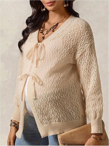MakeMeChic Women's Maternity Fall Clothes Crochet Cardigan Sweaters Long Sleeve Tie V Neck Boho Pregnancy Tops in Saudi Arabia
