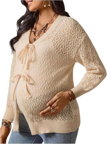 MakeMeChic Women's Maternity Fall Clothes Crochet Cardigan Sweaters Long Sleeve Tie V Neck Boho Pregnancy Tops in Saudi Arabia