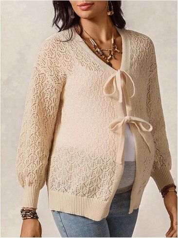 MakeMeChic Women's Maternity Fall Clothes Crochet Cardigan Sweaters Long Sleeve Tie V Neck Boho Pregnancy Tops in Saudi Arabia