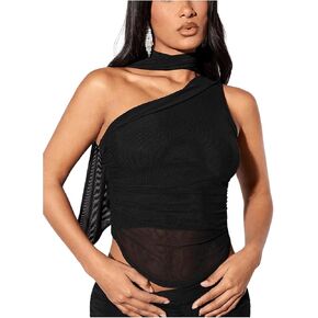 GORGLITTER المرأة الرسن الخروج تانك الأعلى مع وشاح كتف واحد Ruched غير المتكافئة المحاصيل قمم in Kuwait