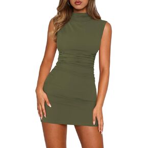Women's Sexy Mock Neck Dress for Women Sleeveless Ruched Bodycon Dresses Turtle Neck Cocktail Party Mini Dress in Saudi Arabia