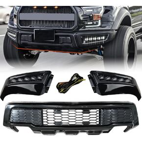 مجموعة المصد الأمامي مع مصابيح DRL LED لموديلات بيك اب Ford F150 2018 2019 2020 F-150 (باستثناء Raptor)، استبدال مصد الشاحنة على طراز Raptor من الفولاذ الأسود in Kuwait