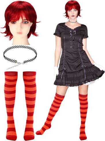 4 Pcs Women's Short Red Wig with Hairnet, Red and Orange Striped Thigh High Sock and Lace Choker Gothic Costume Accessories Set for Halloween Cosplay in Saudi Arabia