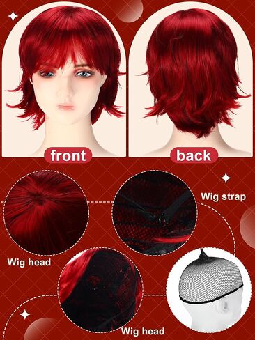 4 Pcs Women's Short Red Wig with Hairnet, Red and Orange Striped Thigh High Sock and Lace Choker Gothic Costume Accessories Set for Halloween Cosplay in Saudi Arabia