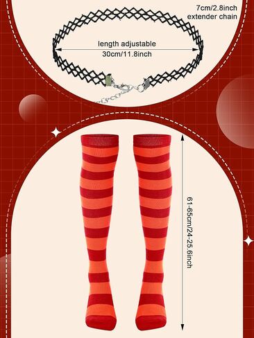 4 Pcs Women's Short Red Wig with Hairnet, Red and Orange Striped Thigh High Sock and Lace Choker Gothic Costume Accessories Set for Halloween Cosplay in Saudi Arabia