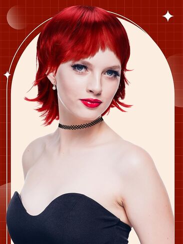 4 Pcs Women's Short Red Wig with Hairnet, Red and Orange Striped Thigh High Sock and Lace Choker Gothic Costume Accessories Set for Halloween Cosplay in Saudi Arabia