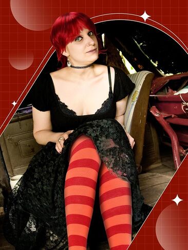 4 Pcs Women's Short Red Wig with Hairnet, Red and Orange Striped Thigh High Sock and Lace Choker Gothic Costume Accessories Set for Halloween Cosplay in Saudi Arabia