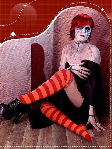 4 Pcs Women's Short Red Wig with Hairnet, Red and Orange Striped Thigh High Sock and Lace Choker Gothic Costume Accessories Set for Halloween Cosplay in Saudi Arabia