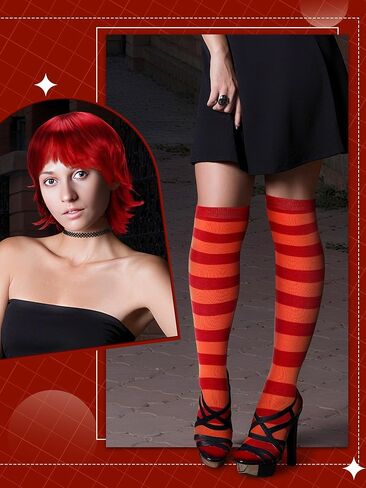 4 Pcs Women's Short Red Wig with Hairnet, Red and Orange Striped Thigh High Sock and Lace Choker Gothic Costume Accessories Set for Halloween Cosplay in Saudi Arabia