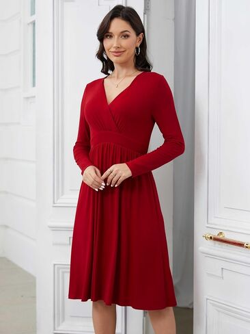 Women's Fall Winter Dresses for Women Casual Long Sleeve Pleated V Neck Semi Formal Party Dress in Saudi Arabia