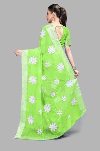 Women's Cotton Saree with Floral Embroidery Design & Mirror Work –Ethnic Wear For Festival with Unstitched Blouse in Saudi Arabia