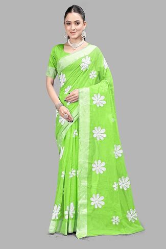 Women's Cotton Saree with Floral Embroidery Design & Mirror Work –Ethnic Wear For Festival with Unstitched Blouse in Saudi Arabia