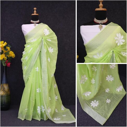 Women's Cotton Saree with Floral Embroidery Design & Mirror Work –Ethnic Wear For Festival with Unstitched Blouse in Saudi Arabia