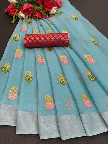 Women's Cotton Saree with Embroidery Design –Traditional Ethnic Wear Festival, Soft Fabric with Unstitched Blouse Piece in Saudi Arabia