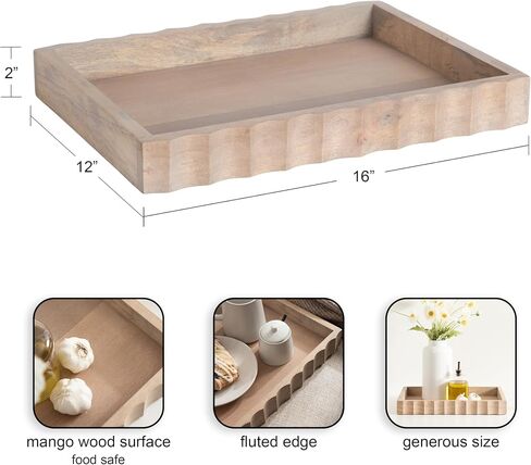 Kate and Laurel Lissi Decorative Rectangle Tray with Wavy Design; 16 x 12; Natural Wood; Modern Scalloped Serving Tray for Coffee Table Ottoman; Dining Table; or Entryway Catch-All Tray in Saudi Arabia