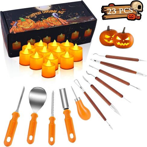 33 PCS Pumpkin Carving Kit, Stainless Steel Tools with Hammer DIY Stencils Pumpkin Carver Kit Carving Set for Halloween Decoration Safe for Kids Adults with 12 Candle Lights in Saudi Arabia