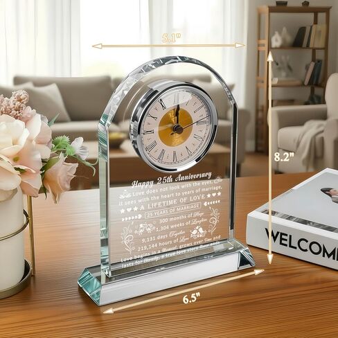 25th Wedding Anniversary Glass Quartz Clock Gifts for Women Men, 25 Year Anniversary Romantic Gift for Him Her, Silver Anniversary Clock Gifts for Couple, 25 Years of Marriage Gifts in Kuwait