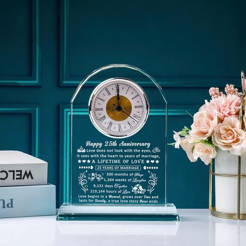 25th Wedding Anniversary Glass Quartz Clock Gifts for Women Men, 25 Year Anniversary Romantic Gift for Him Her, Silver Anniversary Clock Gifts for Couple, 25 Years of Marriage Gifts in Kuwait